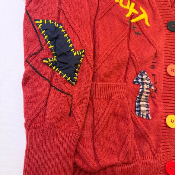 Ebossy Red Knit Sweater Cardigan Applique V Neck B Size M Patches Sport Dream - Picture 5 of 9